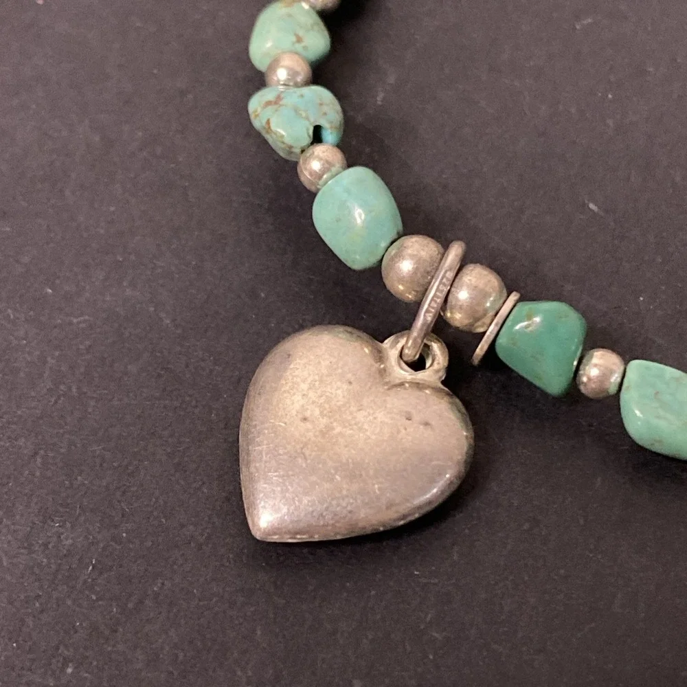Vtg Turquoise & Sterling Silver Bead Stretch Bracelet W/ 925 Italy Heart Charm